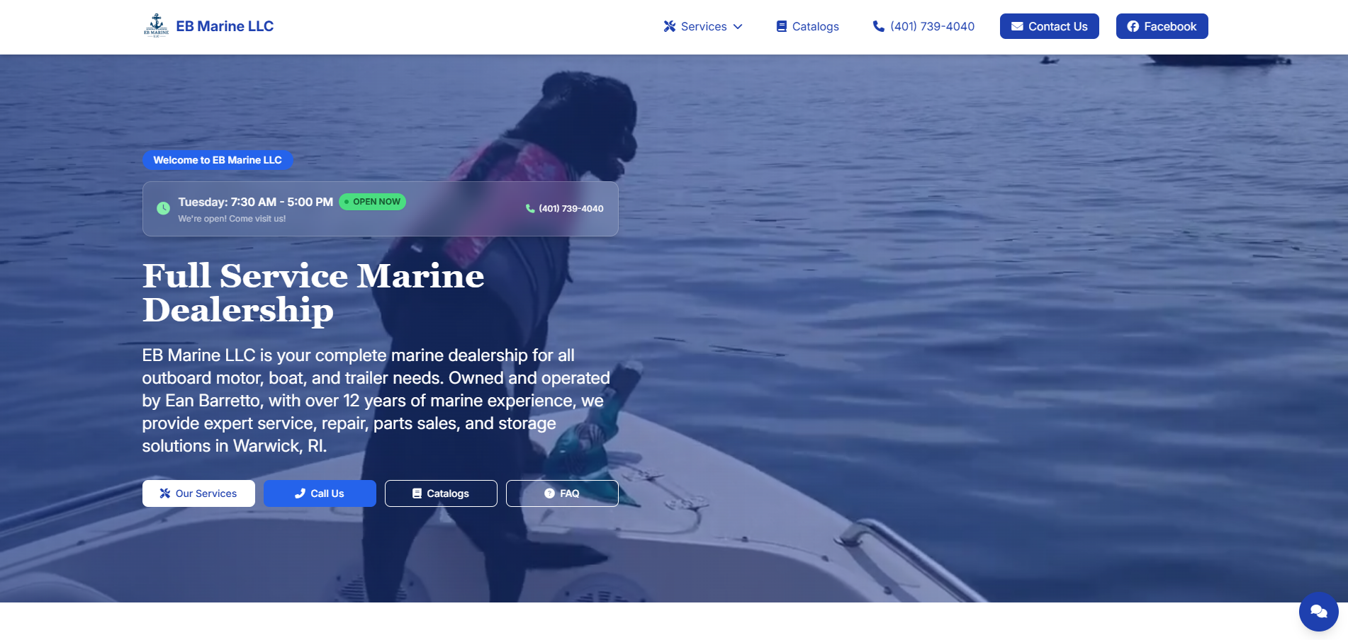 EB Marine LLC website screenshot showing marine services and outboard motor repair